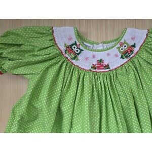 Candyland Girl's 6 Green Red Polka Dots Holiday Owl Smocked Puff Sleeves Dress